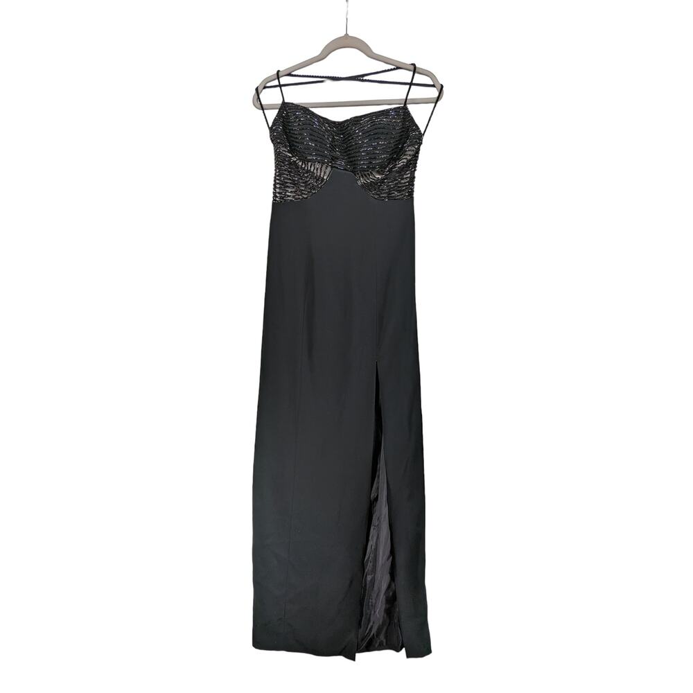 Niteline by Nahdree Beaded Formal Dress 6 Black Strappy Evening Slit Sequin Maxi